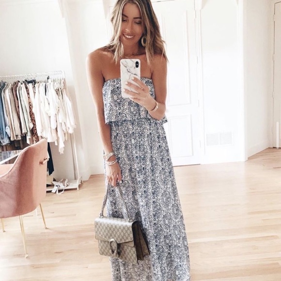 Strapless Blue Floral Ruffle Overlay Maxi Dress - Picture 2 of 4